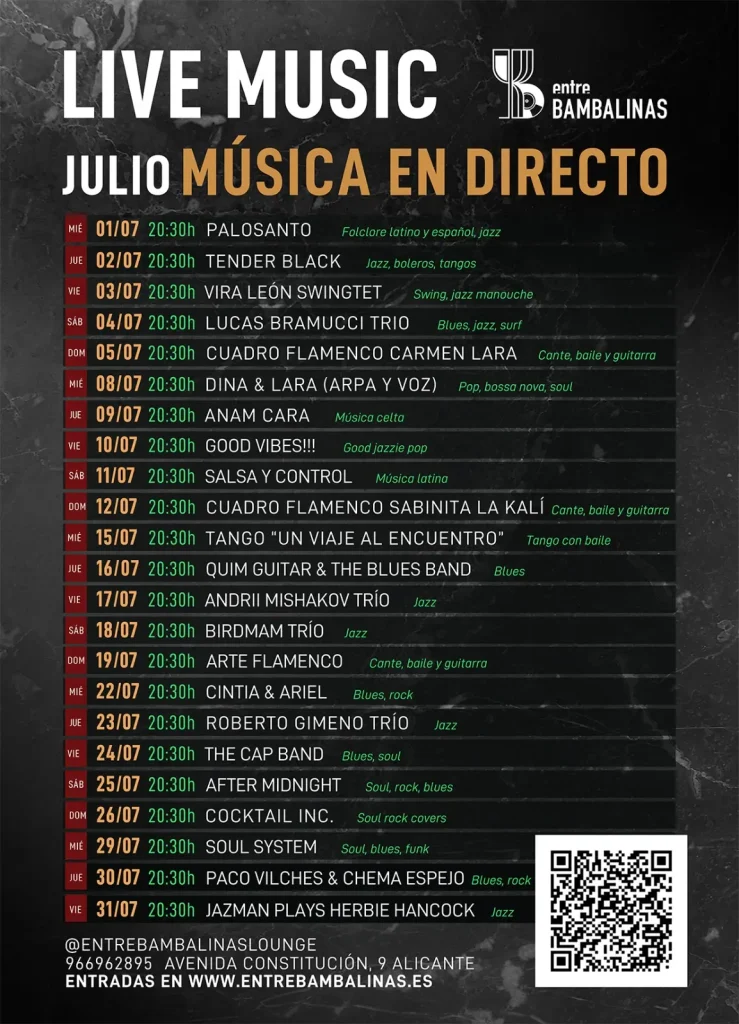 Cartel con la programación de música en directo de julio de 2026 en Entre Bambalinas, Alicante