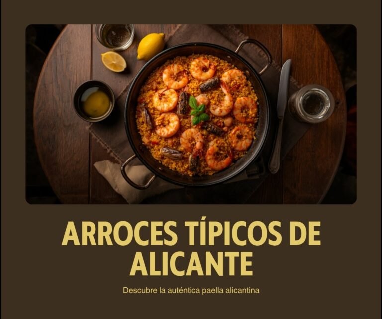 Paella de arroz seco alicantino con gambas, all i oli y limón servida en cazuela sobre una mesa de madera